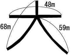 左大文字の大きさ 大一画48m　左払い68m 右払い59m　